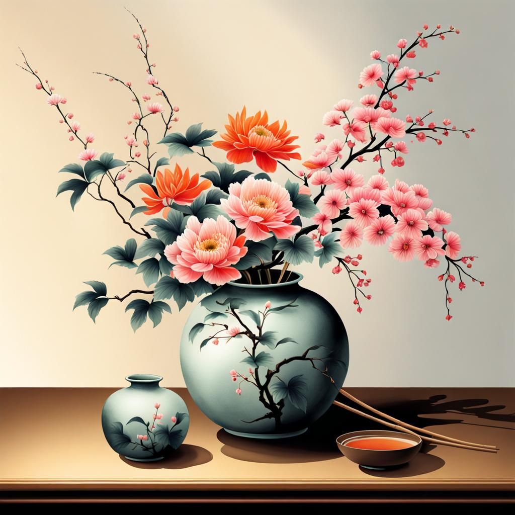 Ikebana Still Life in Sumi-e Painting Style