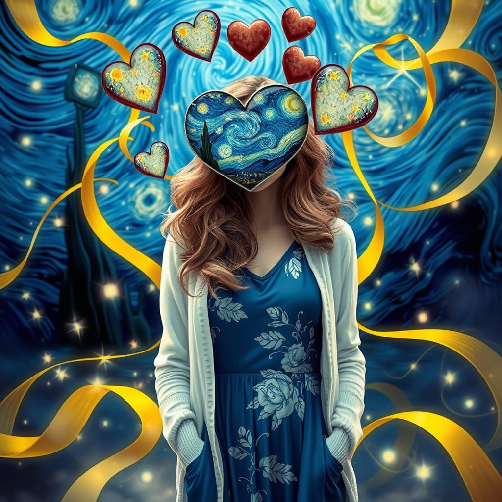 Woman with Starry Night Hearts, Digital Painting