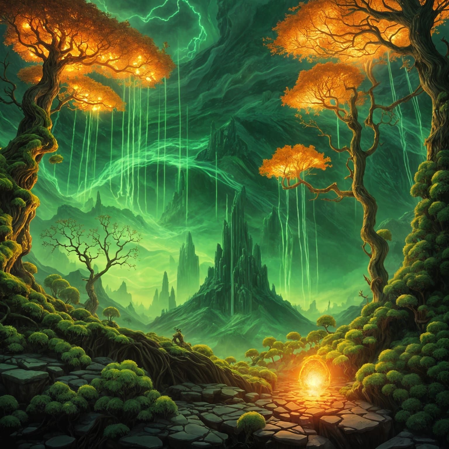 Glowing Forest Shrine with Fire Spirits