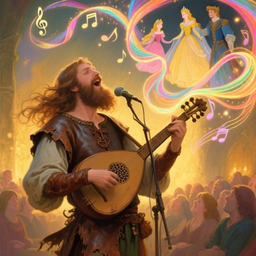 Medieval Bard's Lute Music Creates Light Tales in Oil Painti...