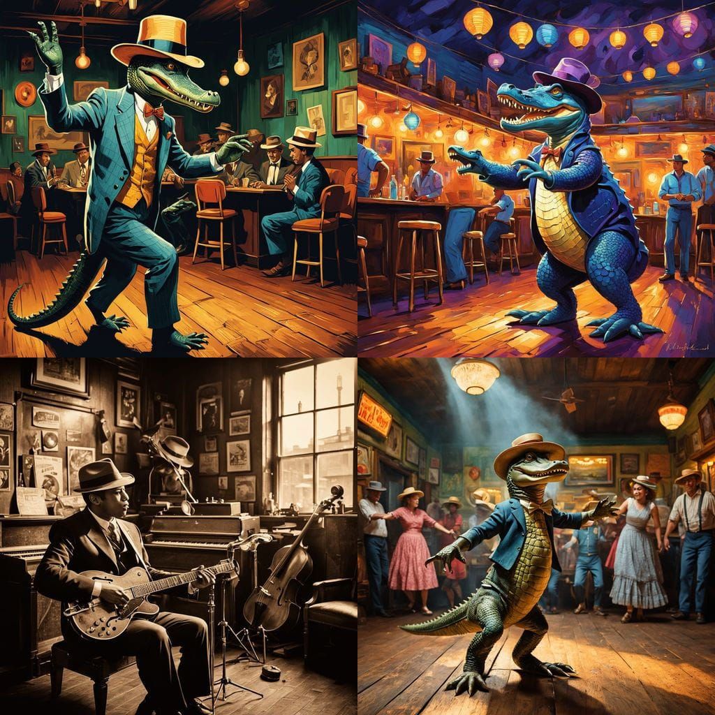 Surreal Louisiana Juke Joint Scene with Twirling Alligator