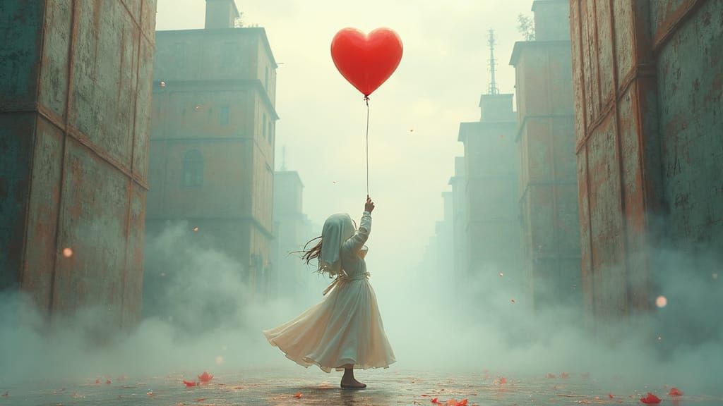 Girl in Dreamlike Cityscape, Heart-Shaped Balloon, Intricate...