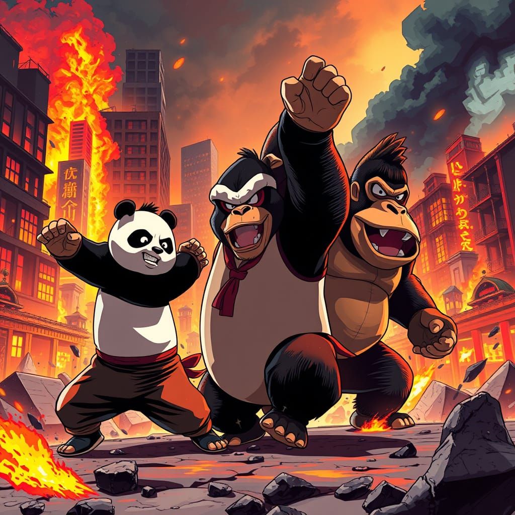 Epic Anime Kung Fu Showdown in a Blazing Cityscape