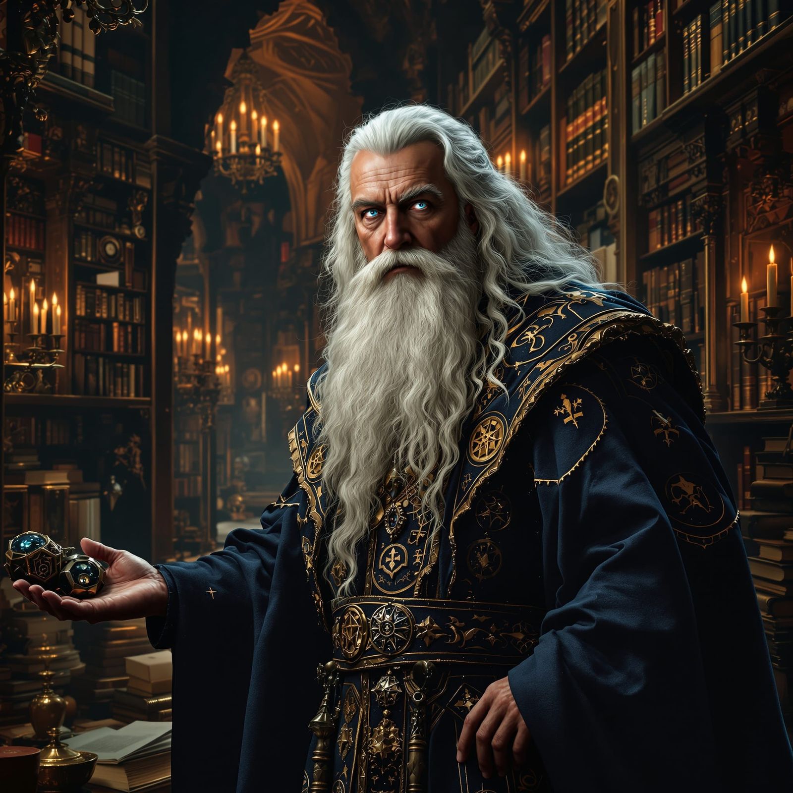 Benevolent Wizard in Grand Library: Renaissance-Style Portra...