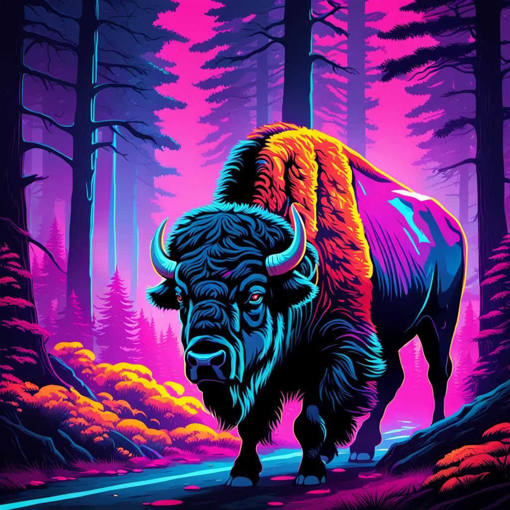 Bison in Forest: Synthwave Neon Retro Style