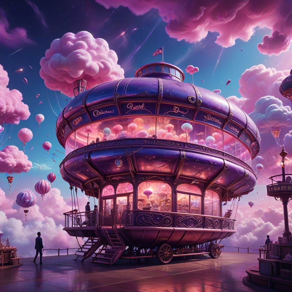 Cosmic Cotton Candy Shop Airship: Surrealist Illustration