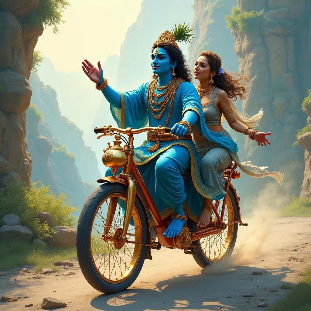 Krishna on Tandem Bike in Ornate Digital Art