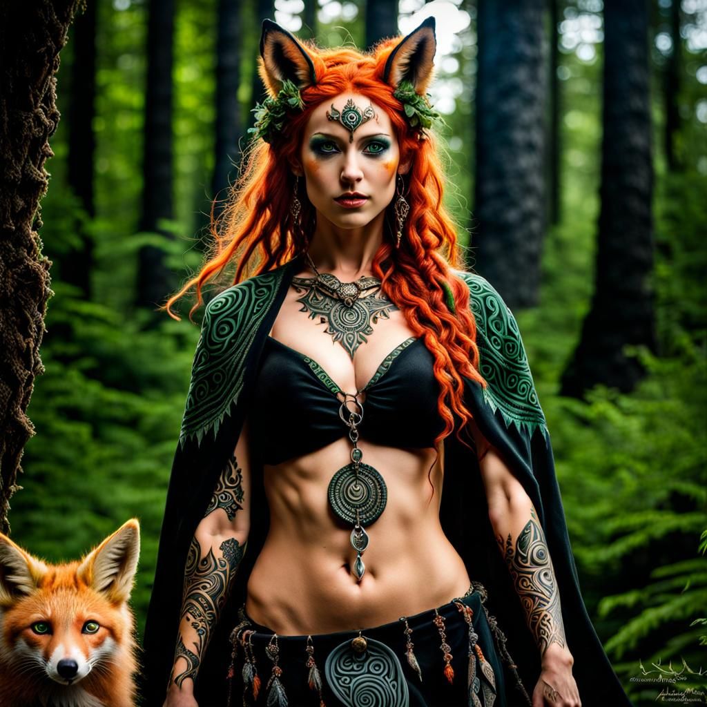 Gaelic Witch with Fox Cub in Dark Fantasy Style