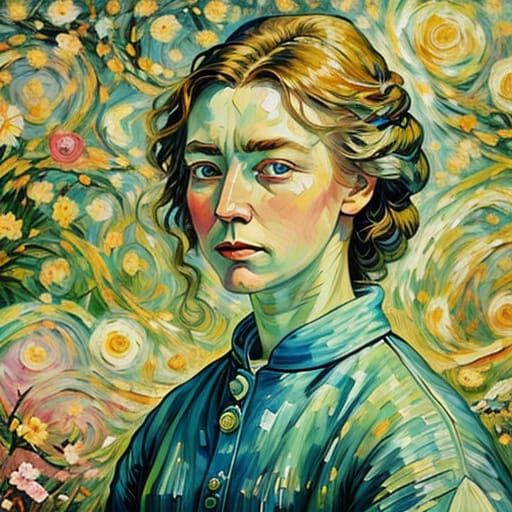 Woman in Flower Garden: Impressionist Style Portrait