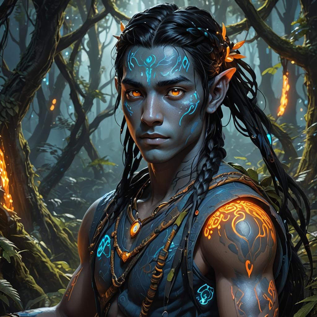 Young Na'vi Teenager in Pandora Forest: Digital Painting