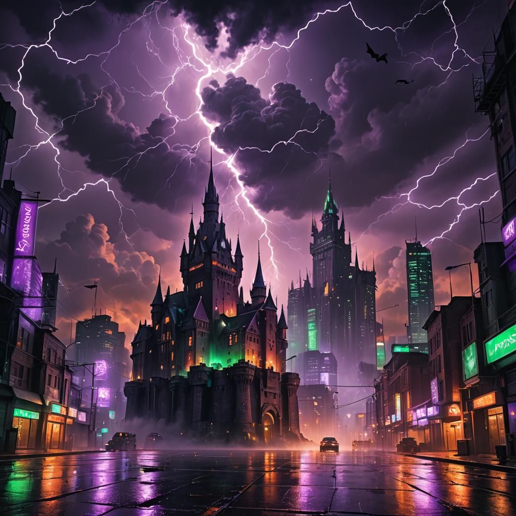 Cyberpunk Skyscraper Castle on Halloween Night