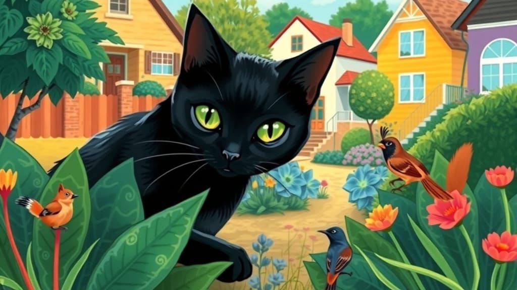 Black Cat's Garden Adventure in Naive Art Style