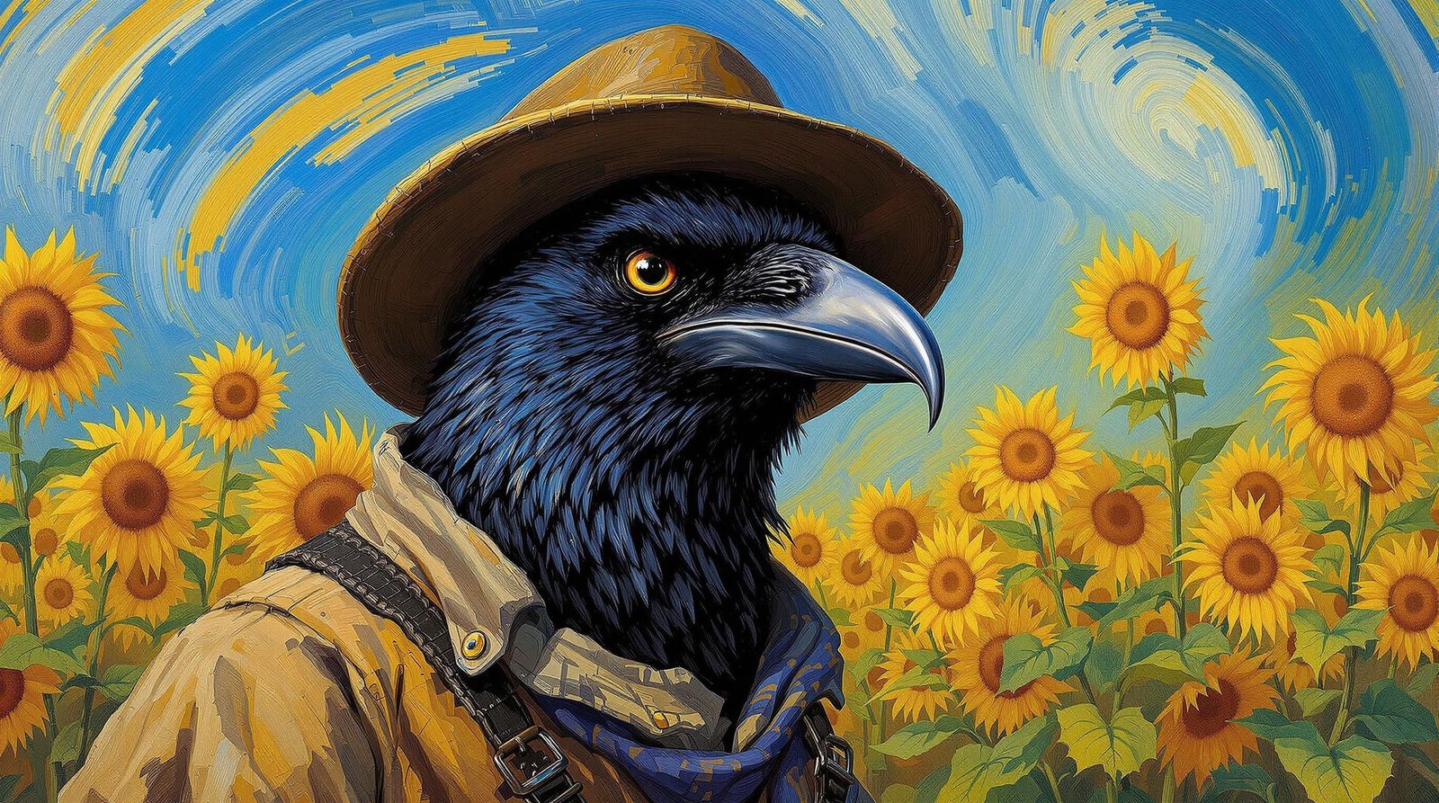 Mysterious Crow in a Van Gogh Sunflower Field