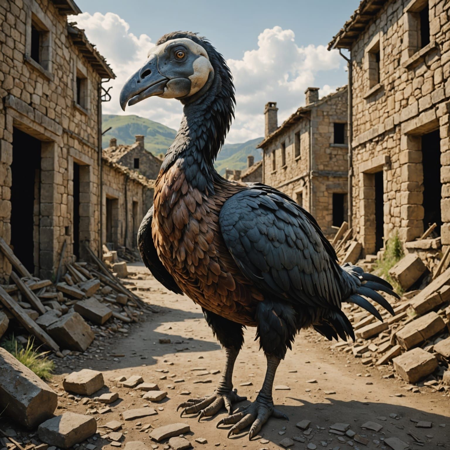 Dodo Wandering Through Ruins of Desolate Village