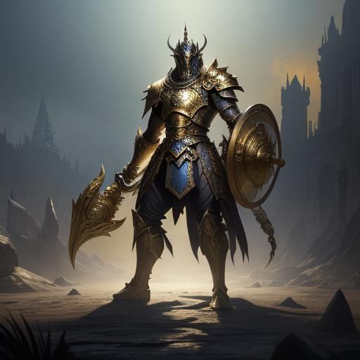 Golden Armored Warrior in Dark Fantasy Landscape