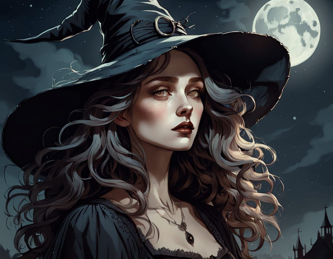 Dreamy Witch Portrait in Vintage Children's Book Style