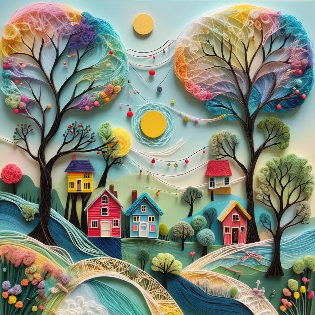 Surreal String Art Landscape with Colorful Woven Objects