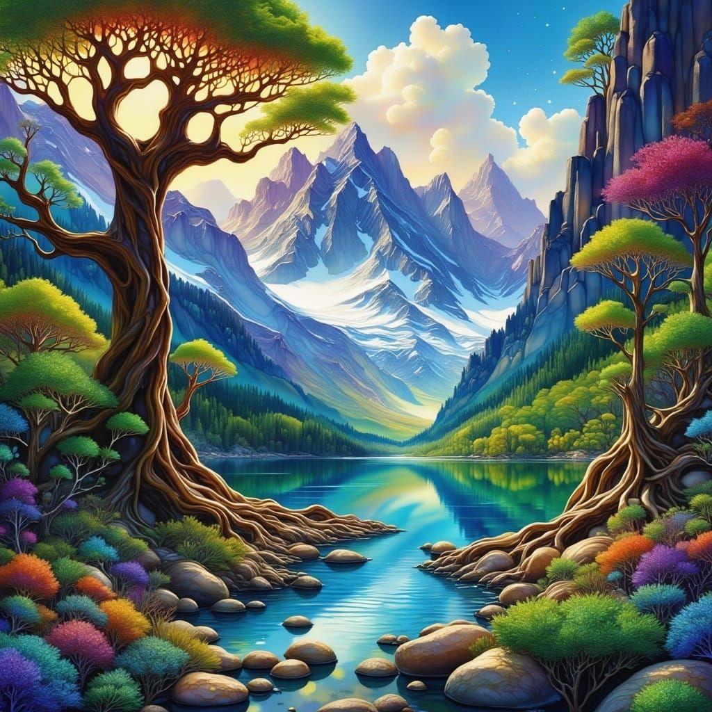 Ethereal Mountain Scene in Fantasy Style