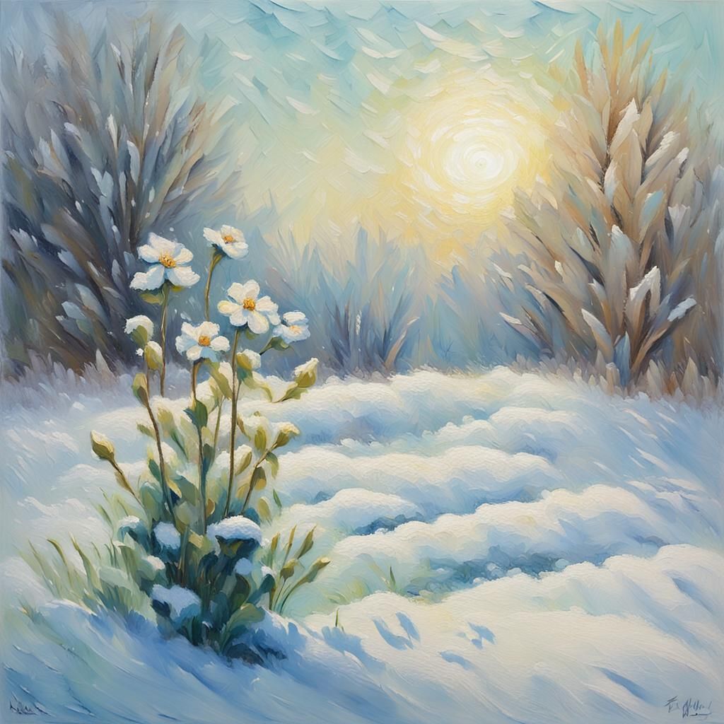 Delicate Flower in Snow, Neo-Impressionism Style