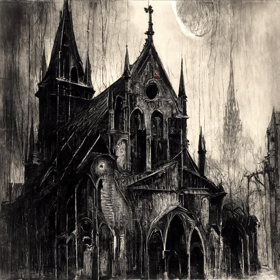 Haunted Gothic Church in Moonlight: Detailed Horror Art