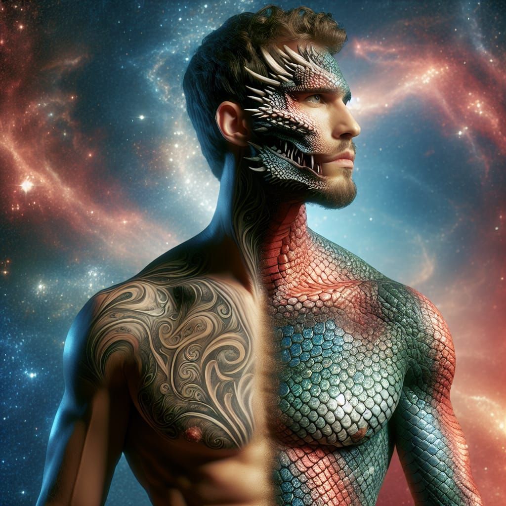 Half-Human, Half-Dragon Hybrid with Shimmering Scales