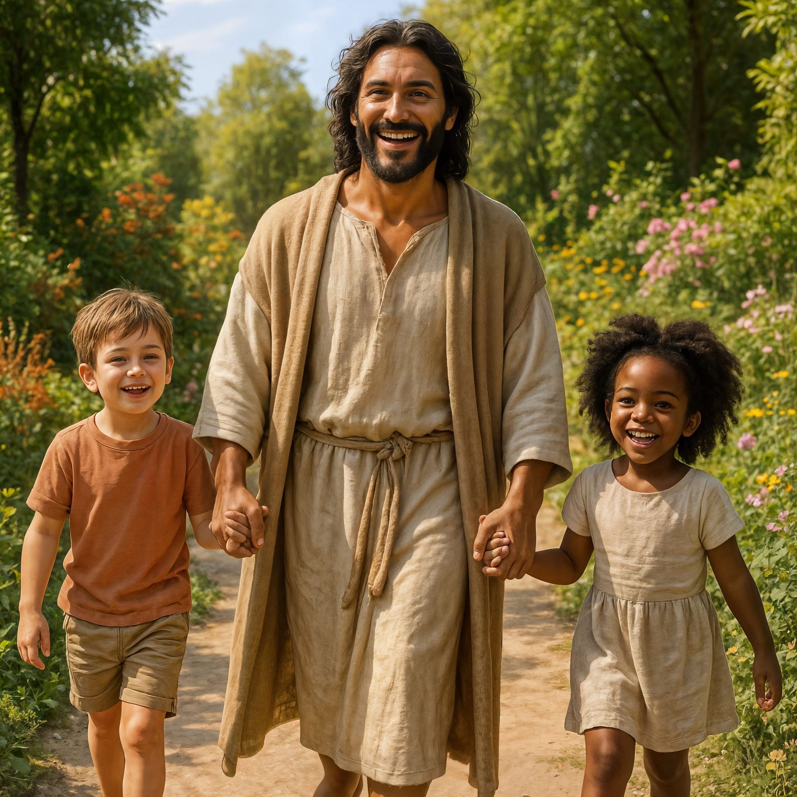 Jesus Walks With Children in a Garden