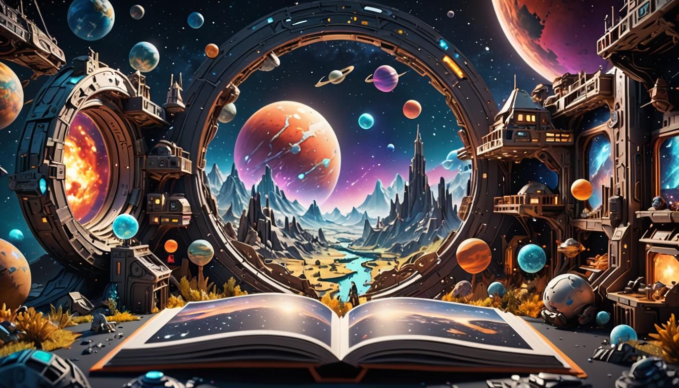 Colorful Space World Pop-Up Book in Cinematic Style