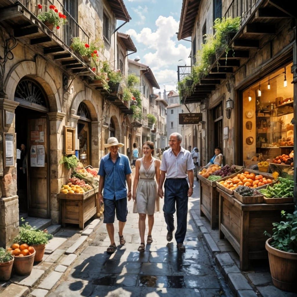 Italian Village Street Scene in Watercolor Style