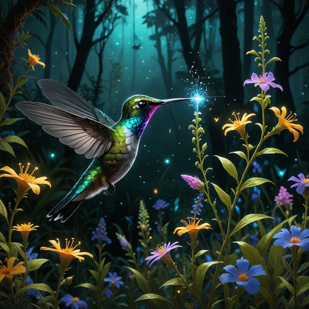 Bioluminescent Hummingbird in an Enchanted Forest, Digital A...