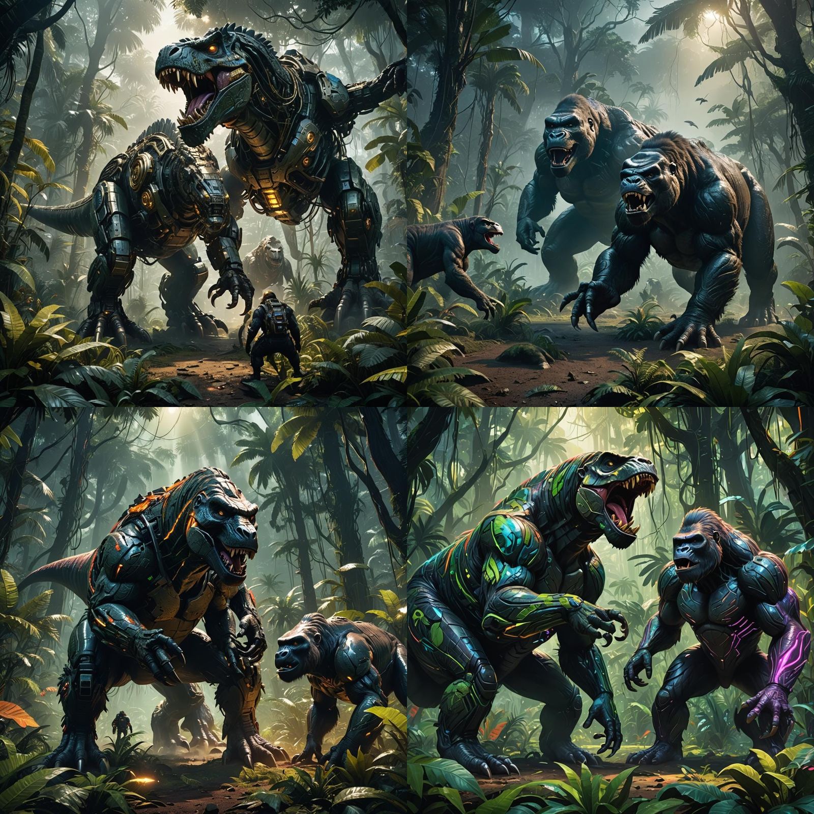 Futuristic T-Rex vs Gorilla Mech Battle