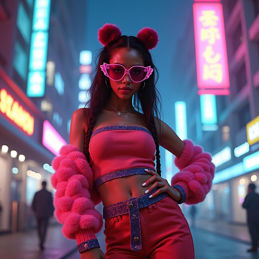 Doja Cat in a Neon Cyberpunk Cityscape