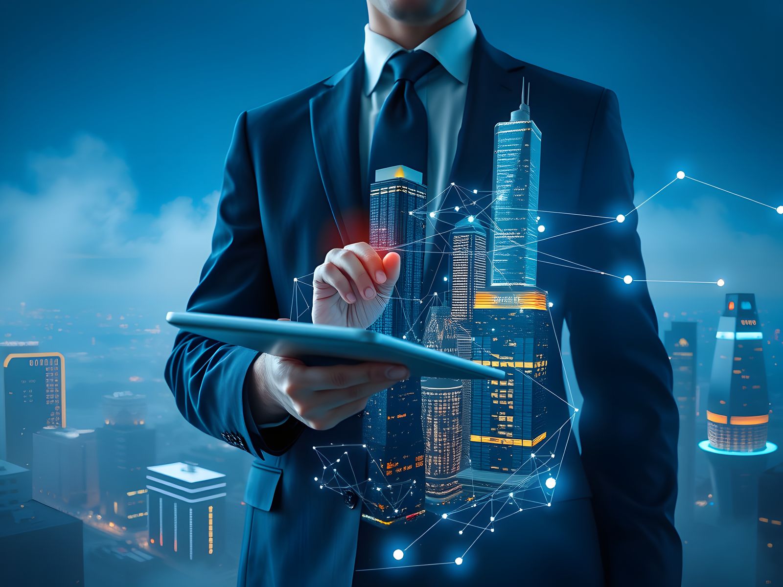 Businessman in Neon Cityscape