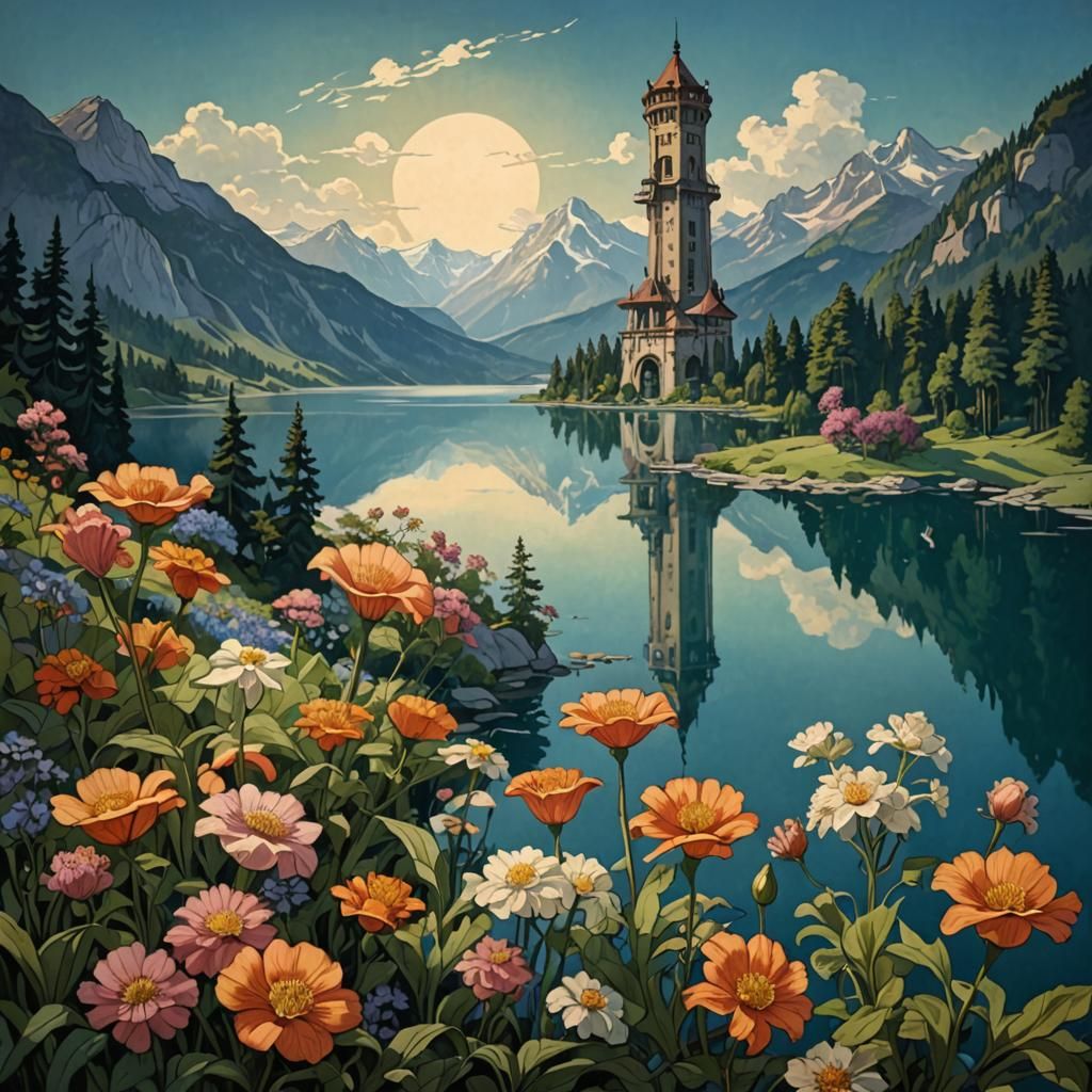 Art Nouveau Air Tower Overlooking Lake