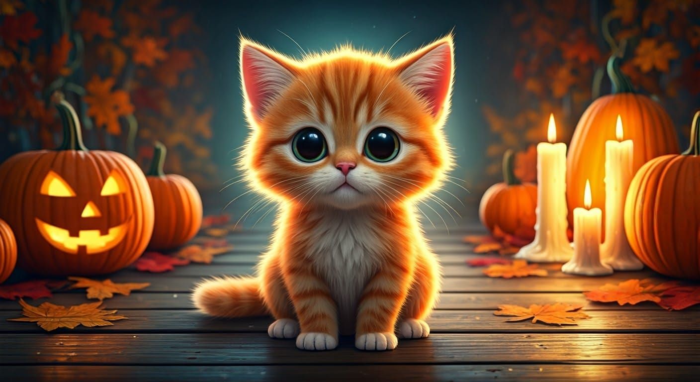 Ginger Kitten Surrounded by Autumn Decor, 3D Render