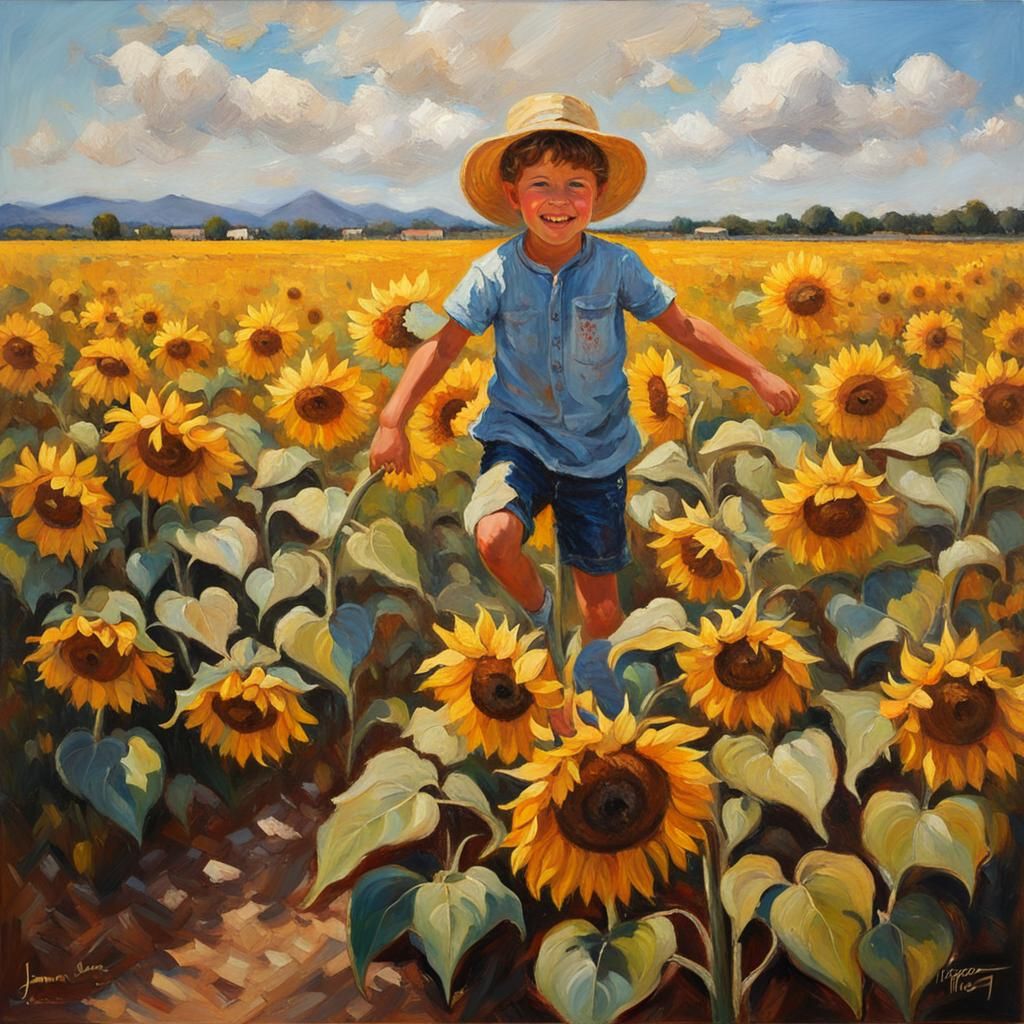 Child's Joyful Day in Sunflowers: An Oil Painting