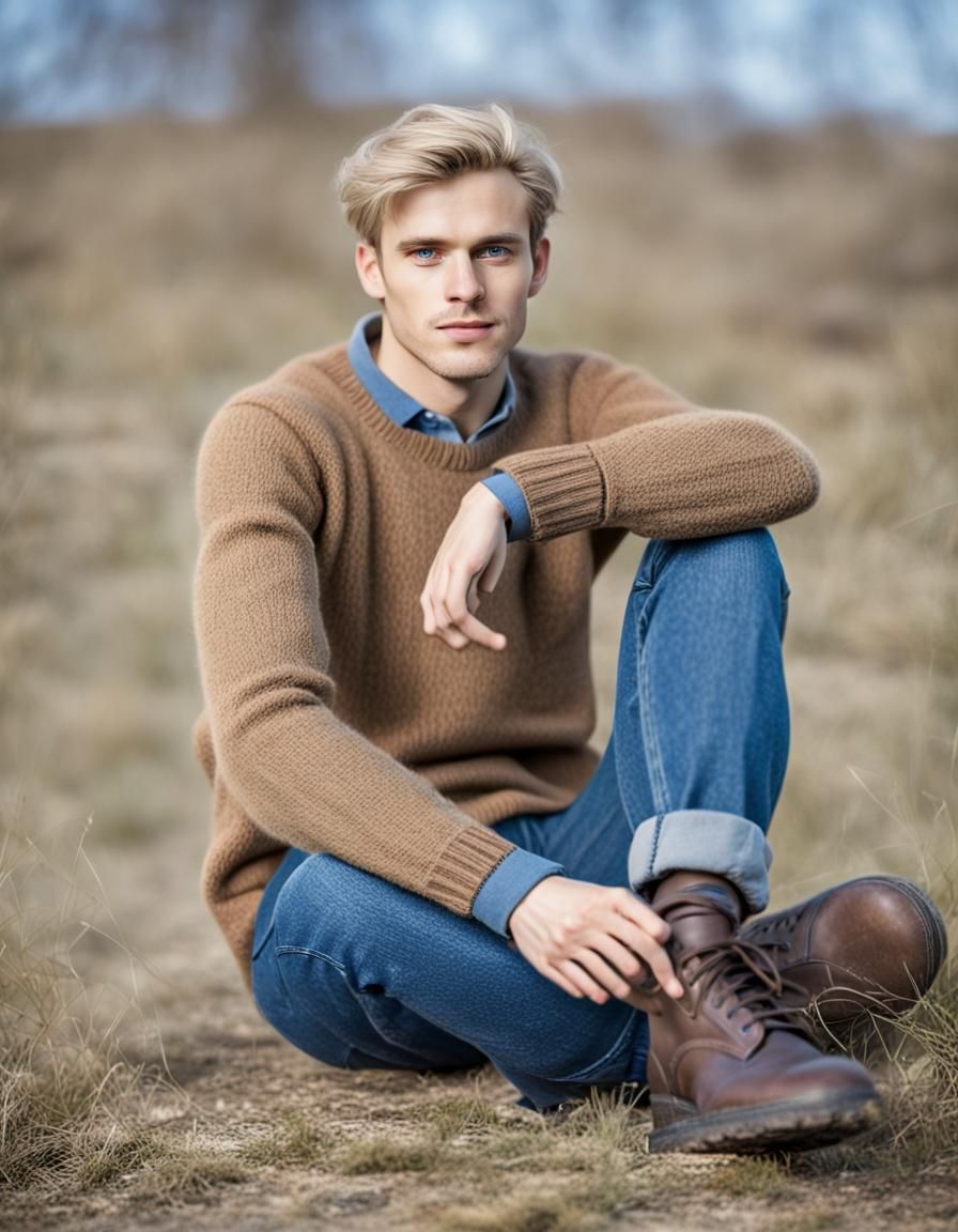 Nordic Man Sitting on Ground in Wool Sweater