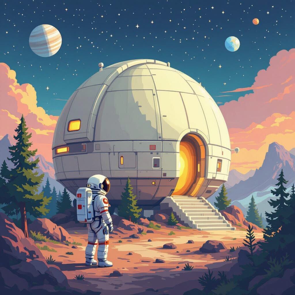 Astronaut on Alien Planet in Impressionistic Pixel Art