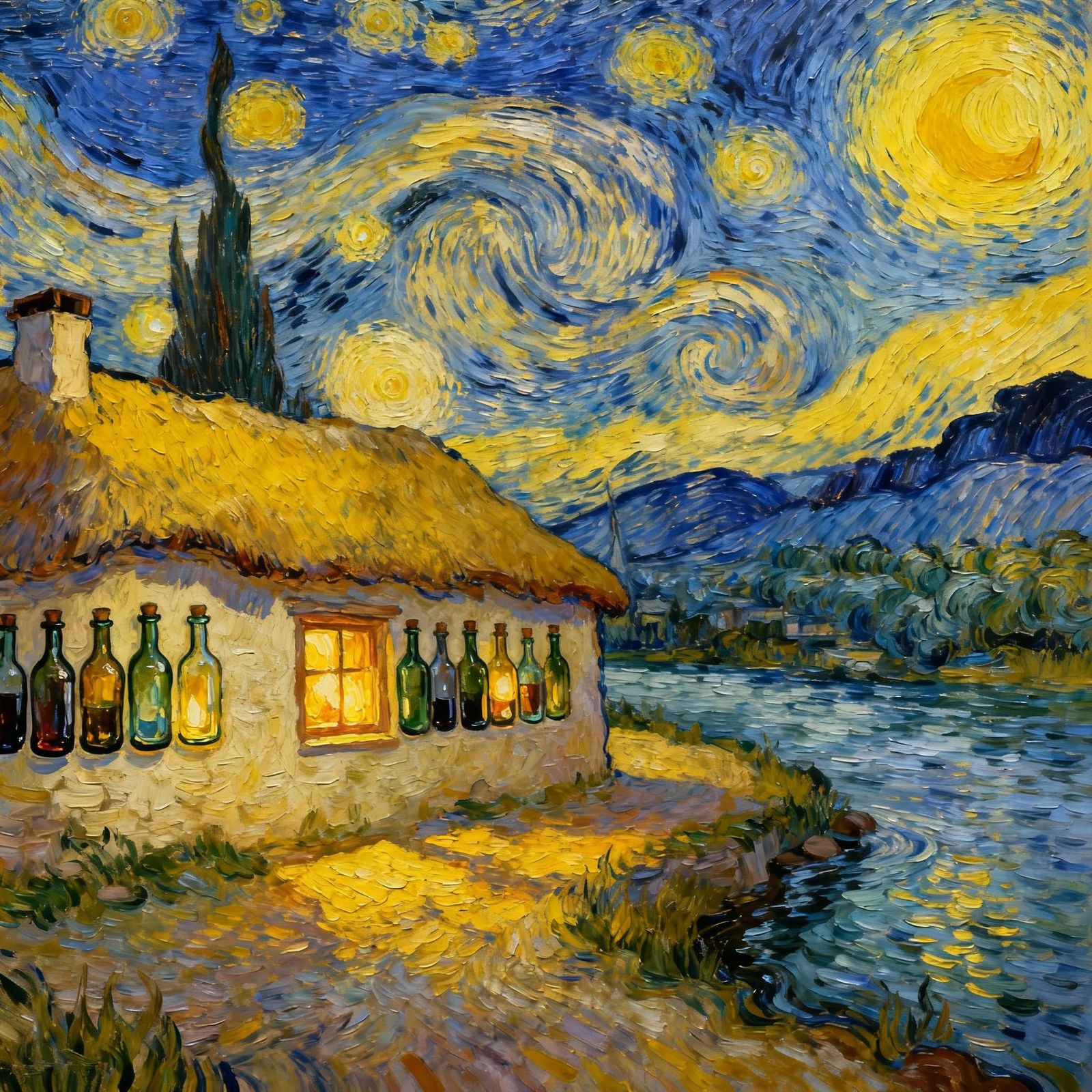 Cob House By River Under Starry Night Sky