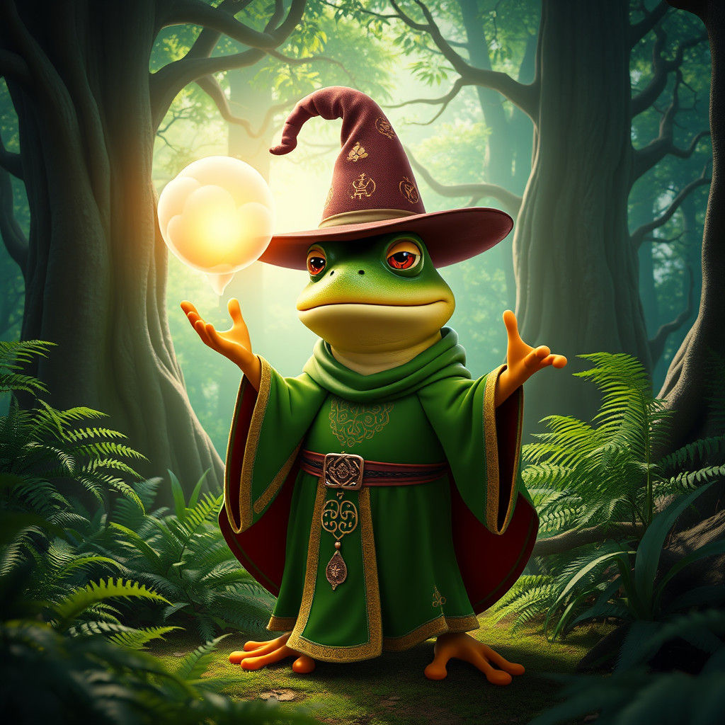 Frog Wizard Casting a Spell in Enchanted Forest