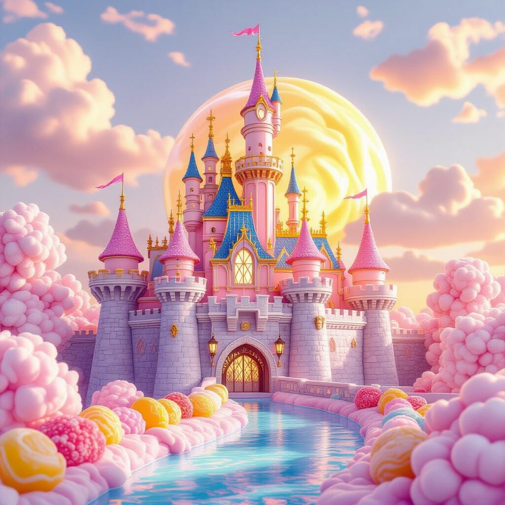 Cotton Candy Castle with Lemonade River at Sunset
