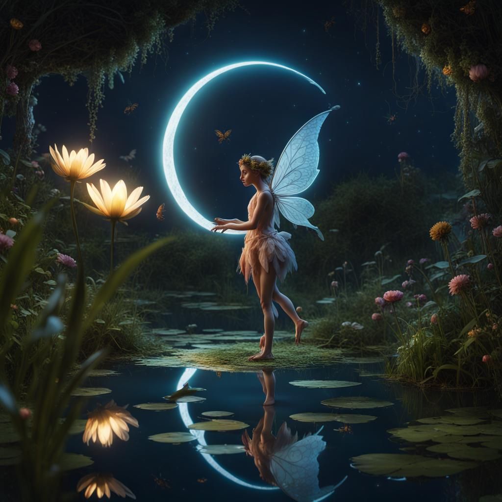 Fairy Above Pond in Moonlight, Detailed Digital Art