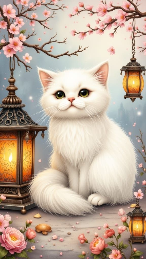 Meditating White Cat in Temple, Watercolor Style