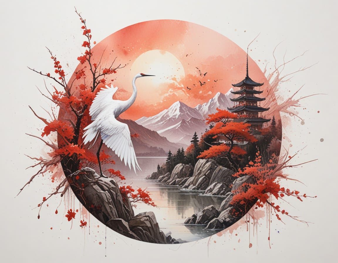 East Asian Landscape Painting with Crane and Pagoda