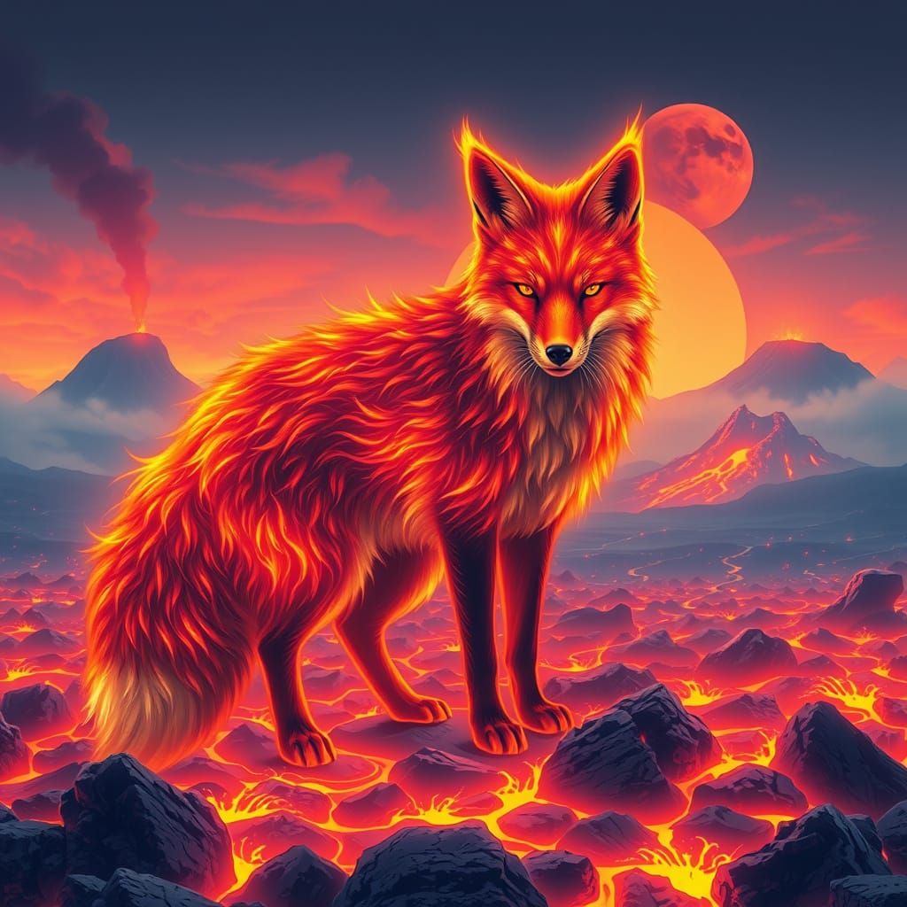 Majestic Fox of Living Flames in a Burning Landscape