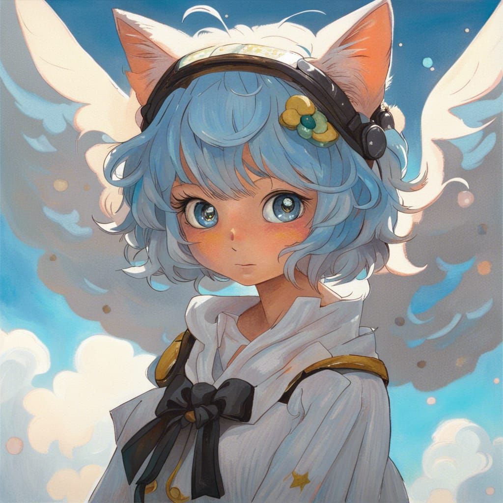 Anime Cat Girl with Wings in Van Gogh Style