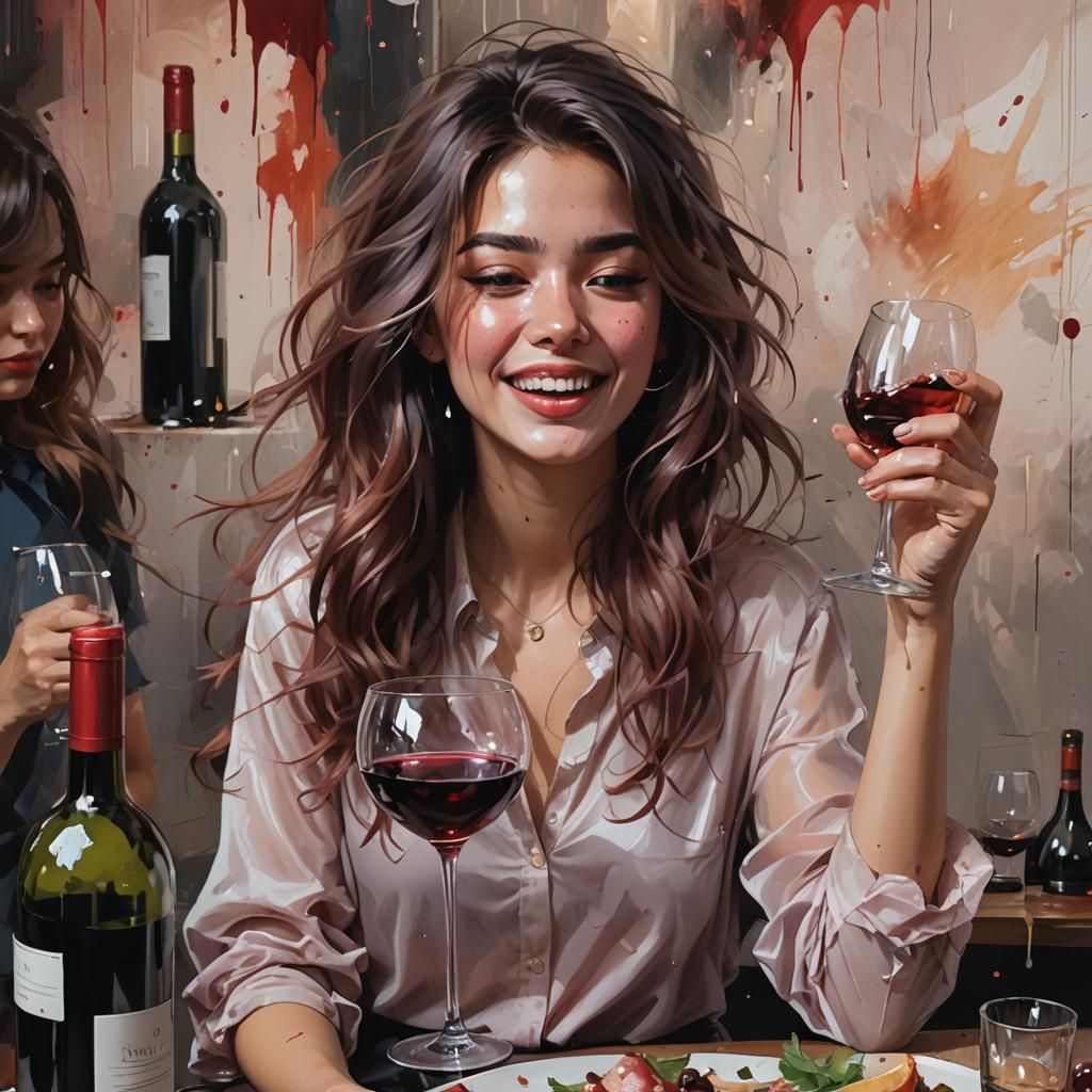 Young woman, 21, blushing by wine, very drunk aspect, messy silky hair, drunk pose, wine glass, wine bottle. Birthday pa...