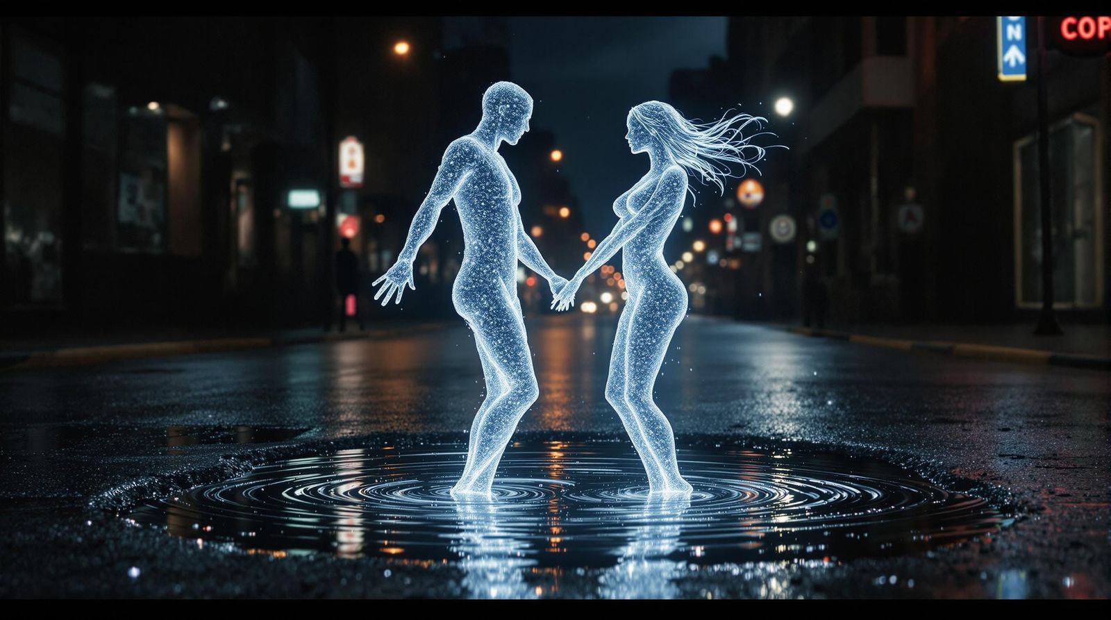 Surreal Water Forms Dance in Harmony under Neon and Moonligh...