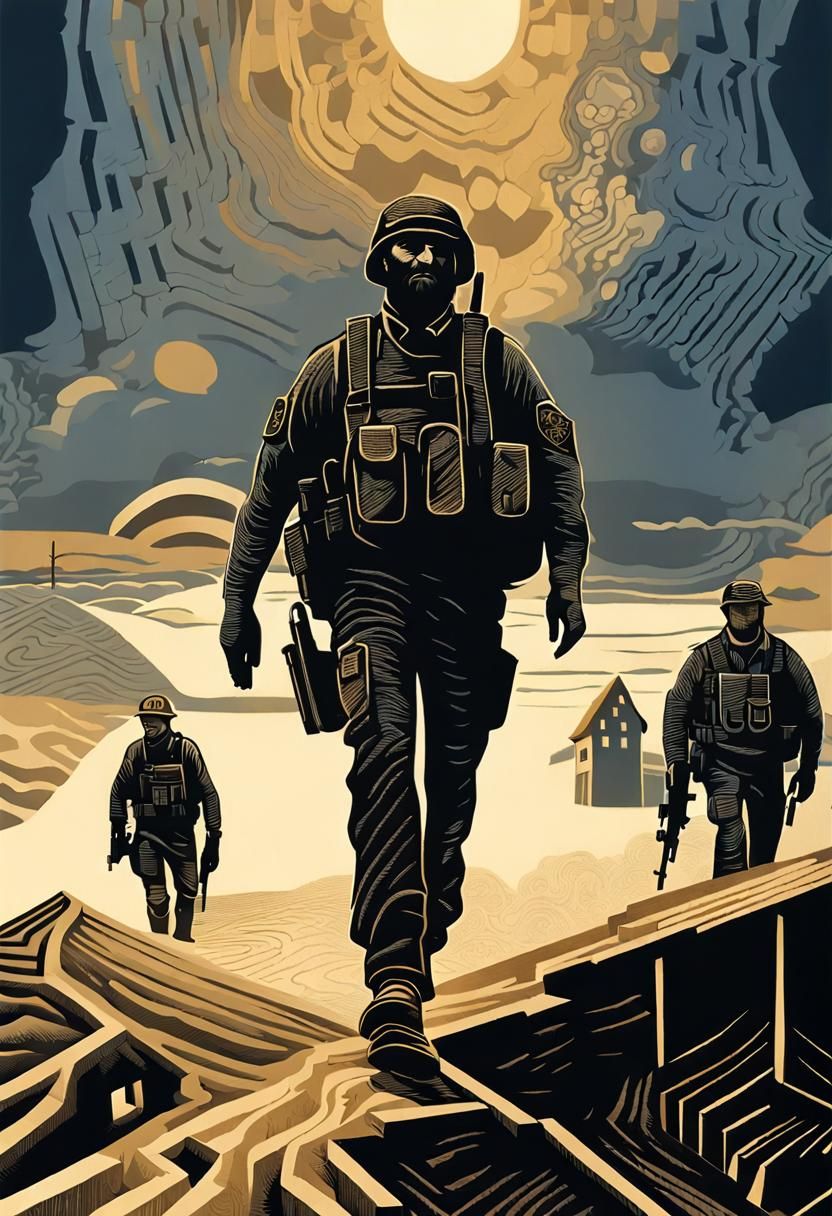 Disturbing Woodcut of Security Contractors in Rural Town