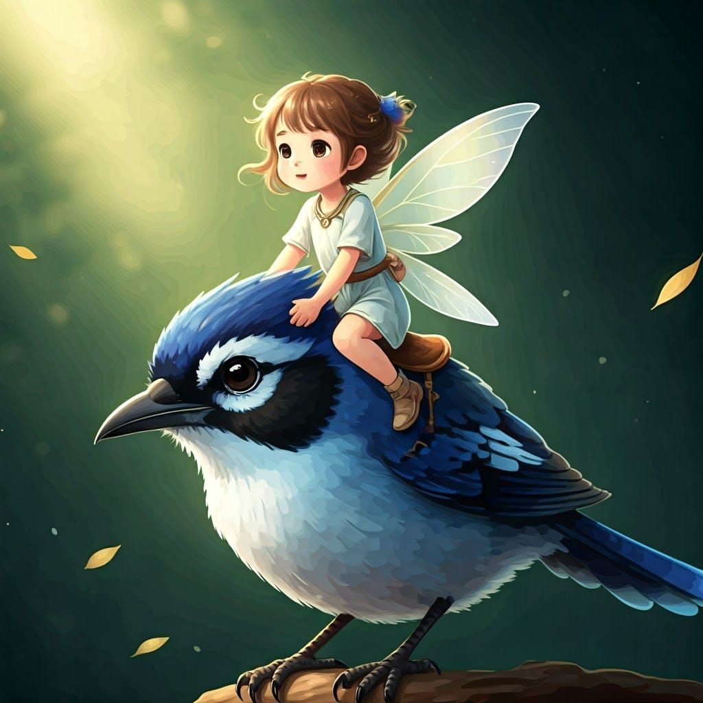Whimsical Fairy Rides Blue Jay in Anime Style