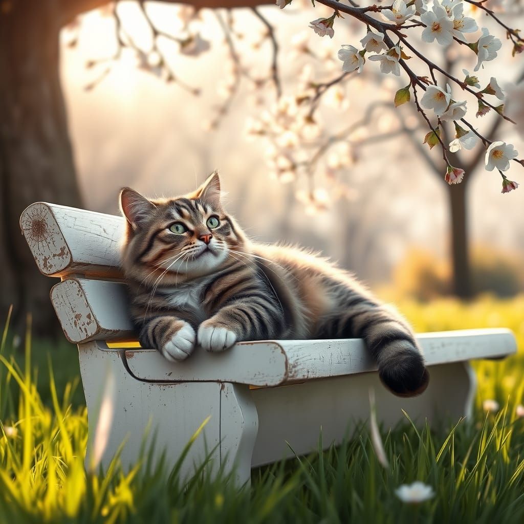 Whimsical Tabby Cat in Spring Garden